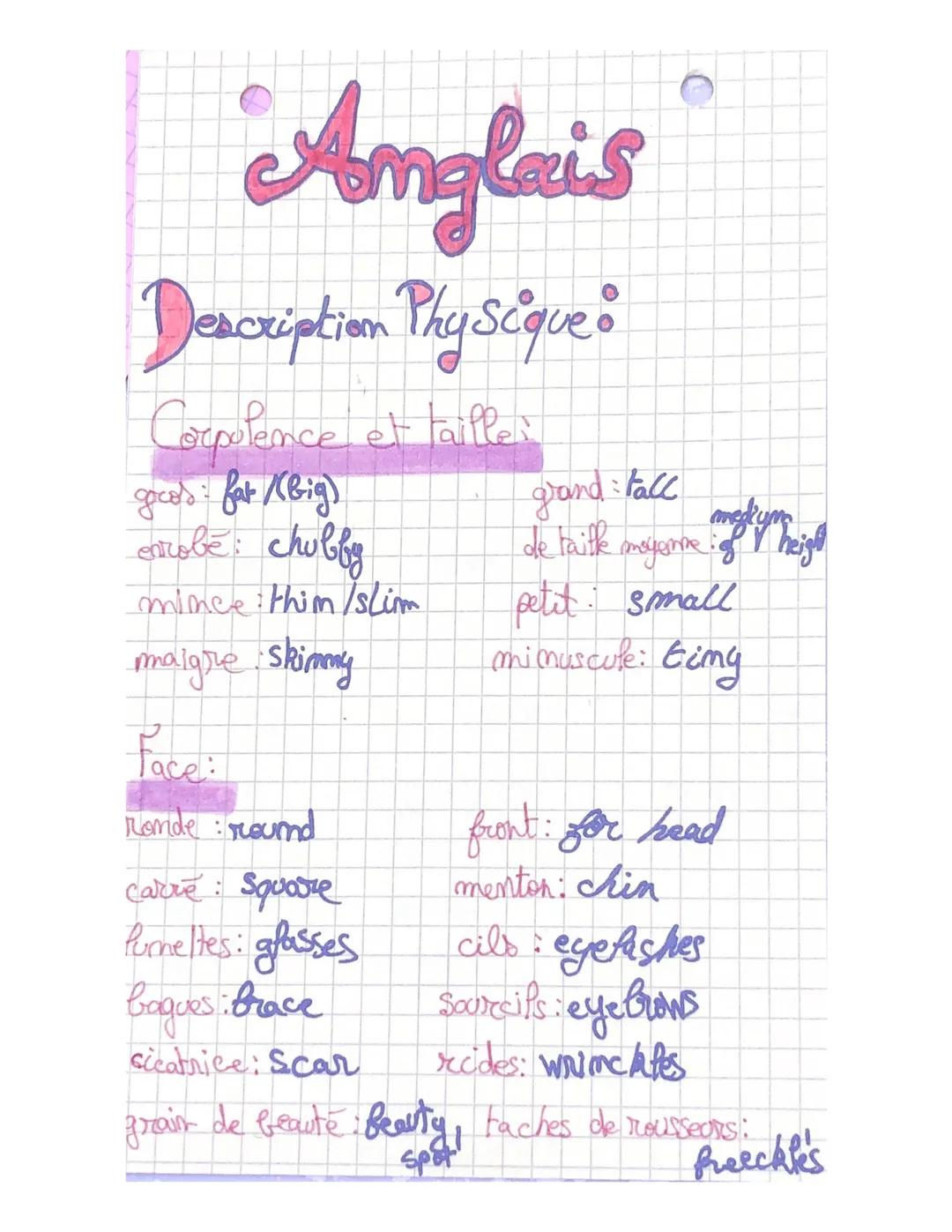 Anglais
Description Physique :
Corpolencel et tailler
goco's: fat /(big)
robe: chubby
mince: thim/slimm
maigre skimmy
Face:
Ronde round
Carr