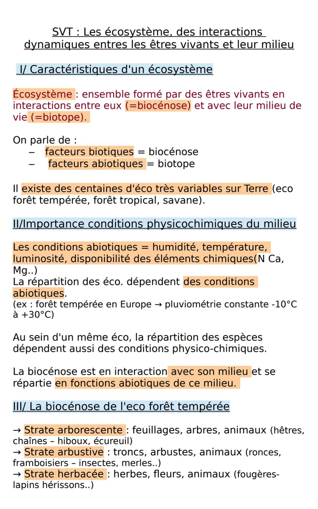 SVT: Les écosystème, des interactions
dynamiques entres les êtres vivants et leur milieu
I/ Caractéristiques d'un écosystème
Écosystème: ens