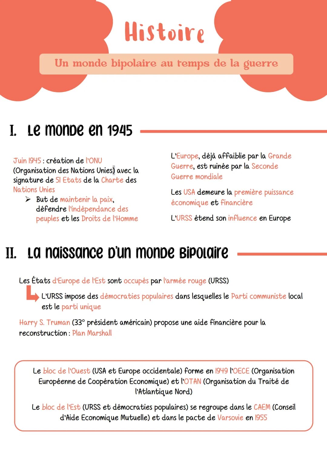 Histoire
Un monde bipolaire au temps de la guerre
I. Le monde en 1945
Juin 1945: création de l'ONU
(Organisation des Nations Unies) avec la

