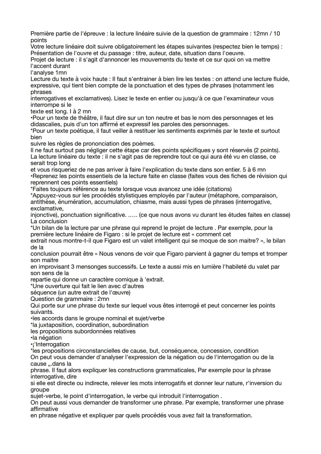 Première partie de l'épreuve : la lecture linéaire suivie de la question de grammaire : 12mn / 10
points
Votre lecture linéaire doit suivre 