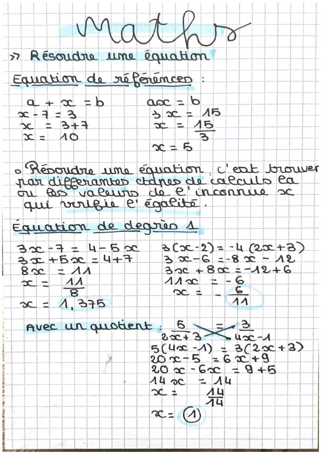 # maths

>> Résoudre une équation

Equation de références :

a + x = b
axc = b
x-7=3
3x = 15
x = 3+7
x = $\frac{15}{3}$
X = 10
x=5

• Résoud