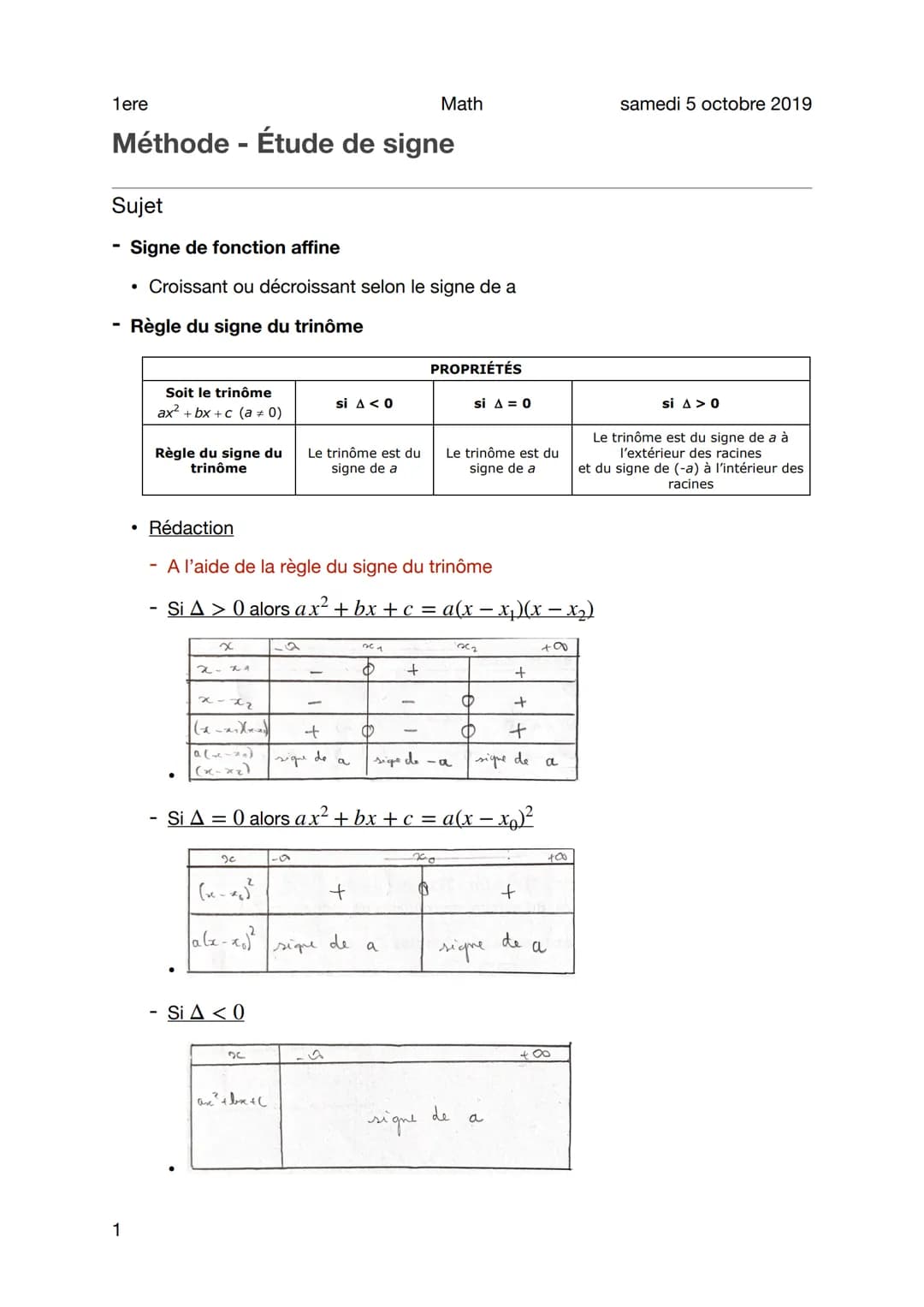 1ere
Méthode - Étude de signe
Sujet
Signe de fonction affine
• Croissant ou décroissant selon le signe de a
Règle du signe du trinôme
1
●
So