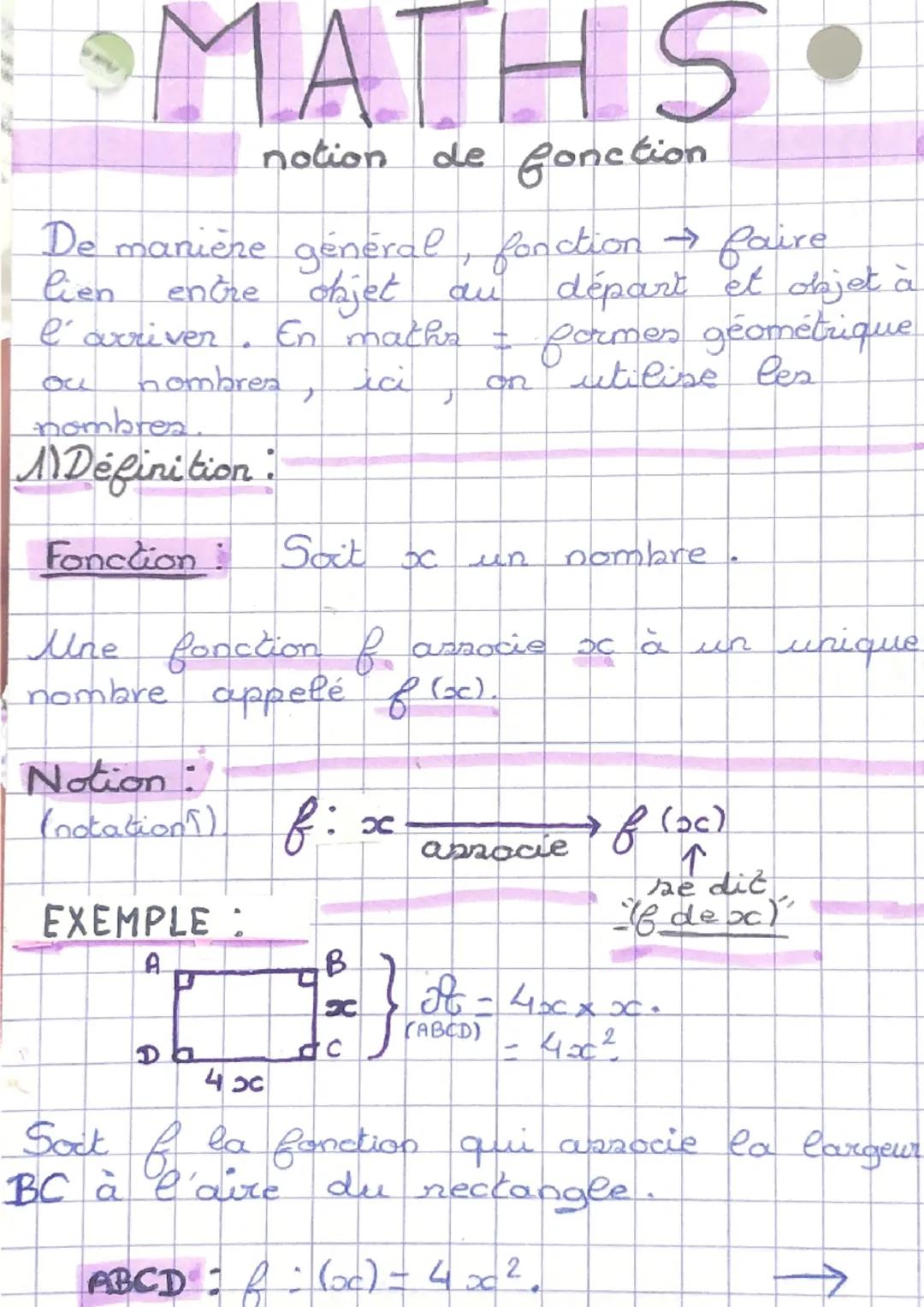 MATH S
notion de fonction
lien
De manière général, fonction → faire
entre objet au départ et objet à
ай
l'arriver En maths - formes géométri