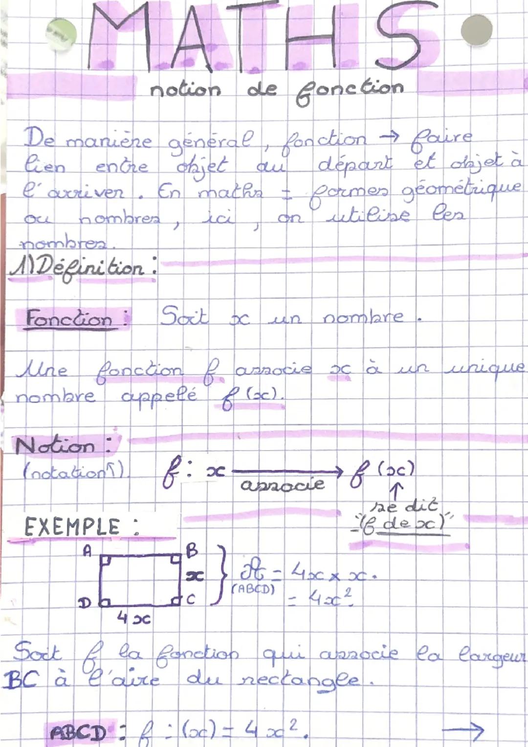 MATH S
notion de fonction
lien
De manière général, fonction → faire
entre objet au départ et objet à
ай
l'arriver En maths - formes géométri