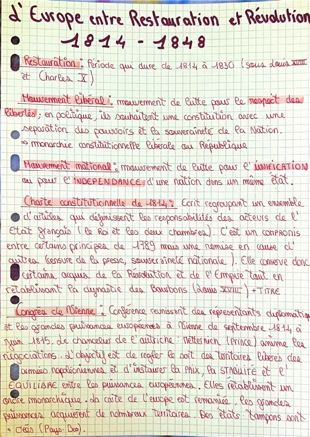 # d'Europe entre Restauration et Révolution

# 1814-1848

- Restauration: Période qui dure de 1814 à 1830 (sous Louis XII
et Charles X)

- M