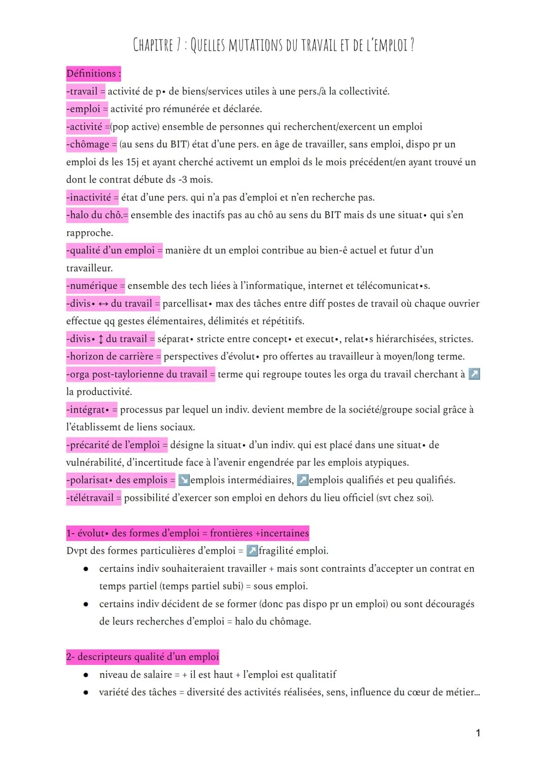 CHAPITRE 7: QUELLES MUTATIONS DU TRAVAIL ET DE L'EMPLOI ?
Définitions :
-travail = activité de p. de biens/services utiles à une pers./à la 