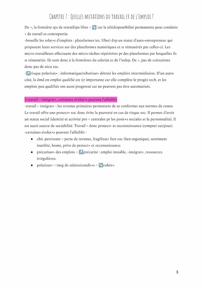 CHAPITRE 7: QUELLES MUTATIONS DU TRAVAIL ET DE L'EMPLOI ?
Définitions :
-travail = activité de p. de biens/services utiles à une pers./à la 
