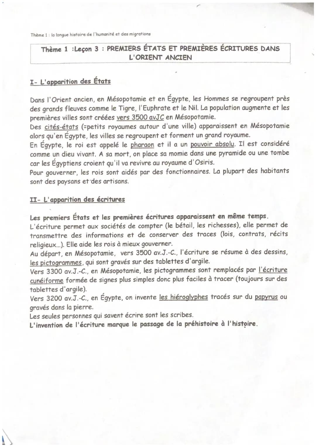 Thème 1: la longue histoire de l'humanité et des migrations
Thème 1 Leçon 3: PREMIERS ÉTATS ET PREMIÈRES ÉCRITURES DANS
L'ORIENT ANCIEN
I- L