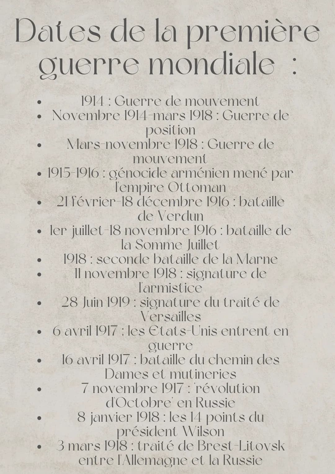 Dates de la première
guerre mondiale :
1914: Guerre de mouvement
• Novembre 1914-mars 1918: Guerre de
position
Mars-novembre 1918: Guerre de