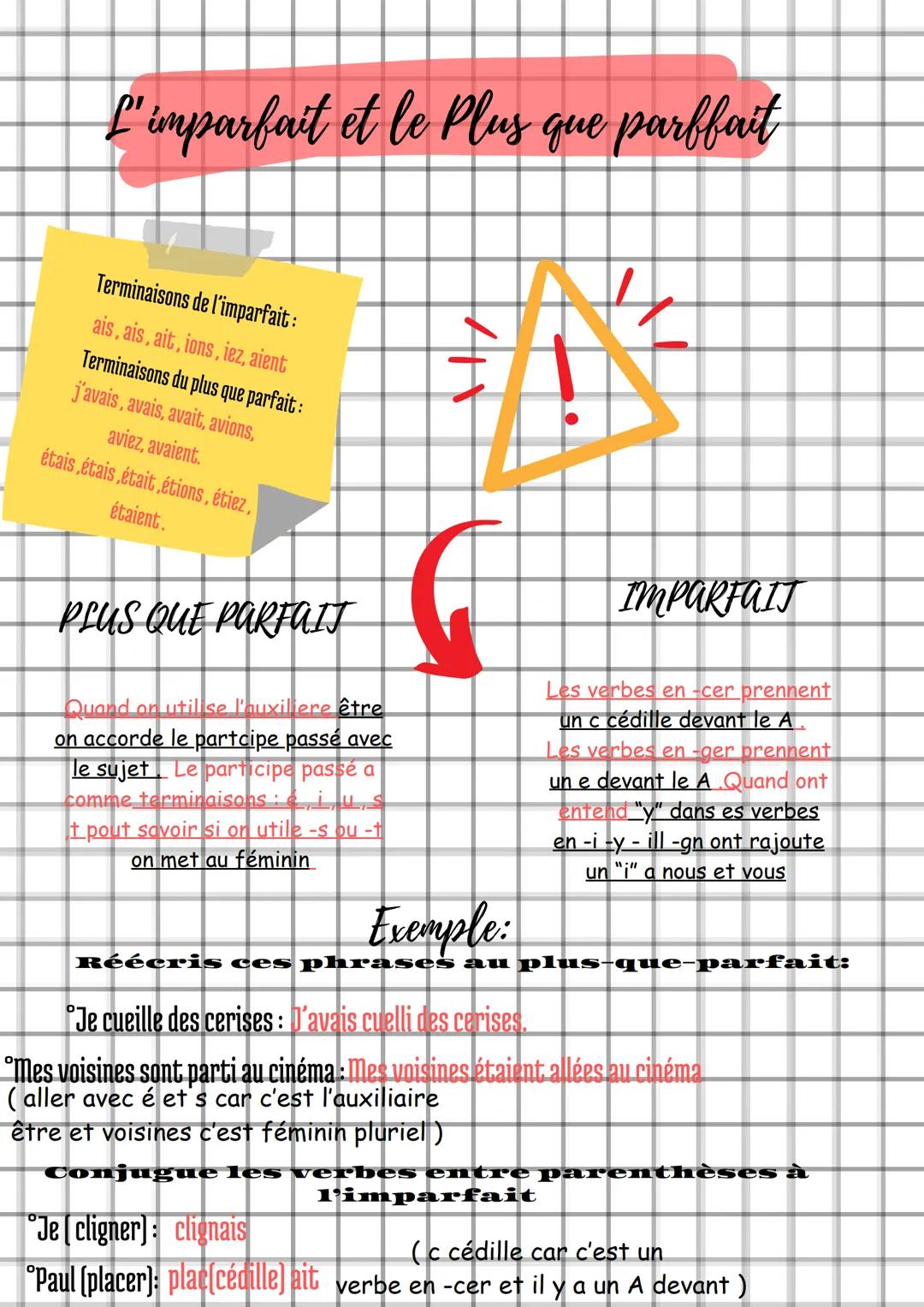 L'imparfait et le plus que parffait
AL
Terminaisons de l'imparfait :
ais, ais, ait, ions, iez, aient
Terminaisons du plus que parfait :
j'av