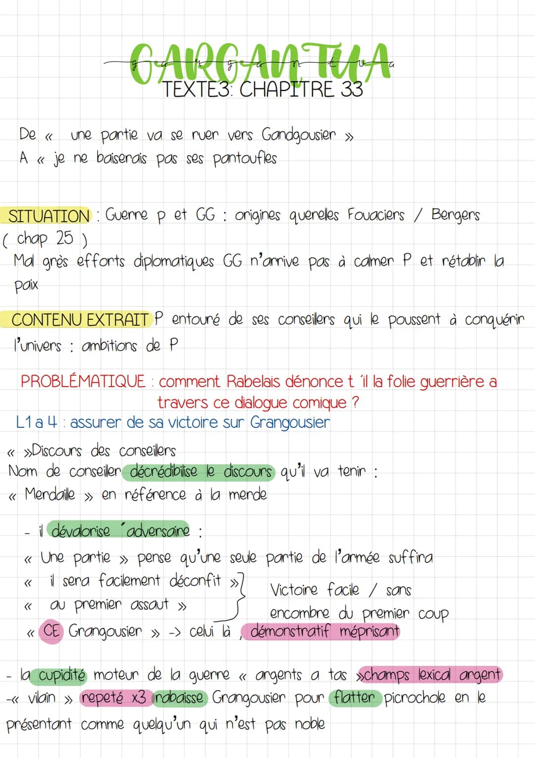 CARGANTUA
TEXTE3: CHAPITRE 33°
De «
une partie va se ruer vers Gandgousier >>
A « je ne baiserais pas ses pantoufles
SITUATION Guerre p et G