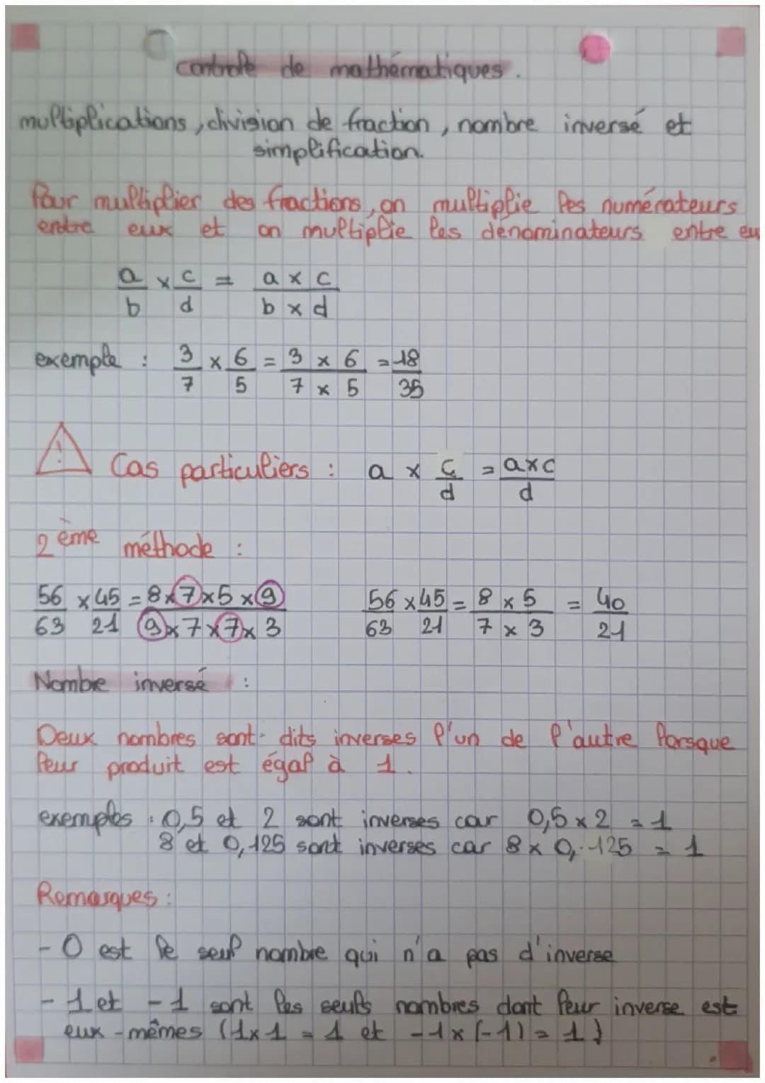 multiplications, division de fraction nombre inversé et simplification 