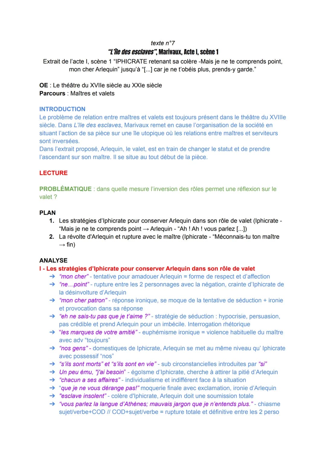 texte n°7
"L'île des esclaves", Marivaux, Acte I, scène 1
Extrait de l'acte I, scène 1 "IPHICRATE retenant sa colère -Mais je ne te comprend