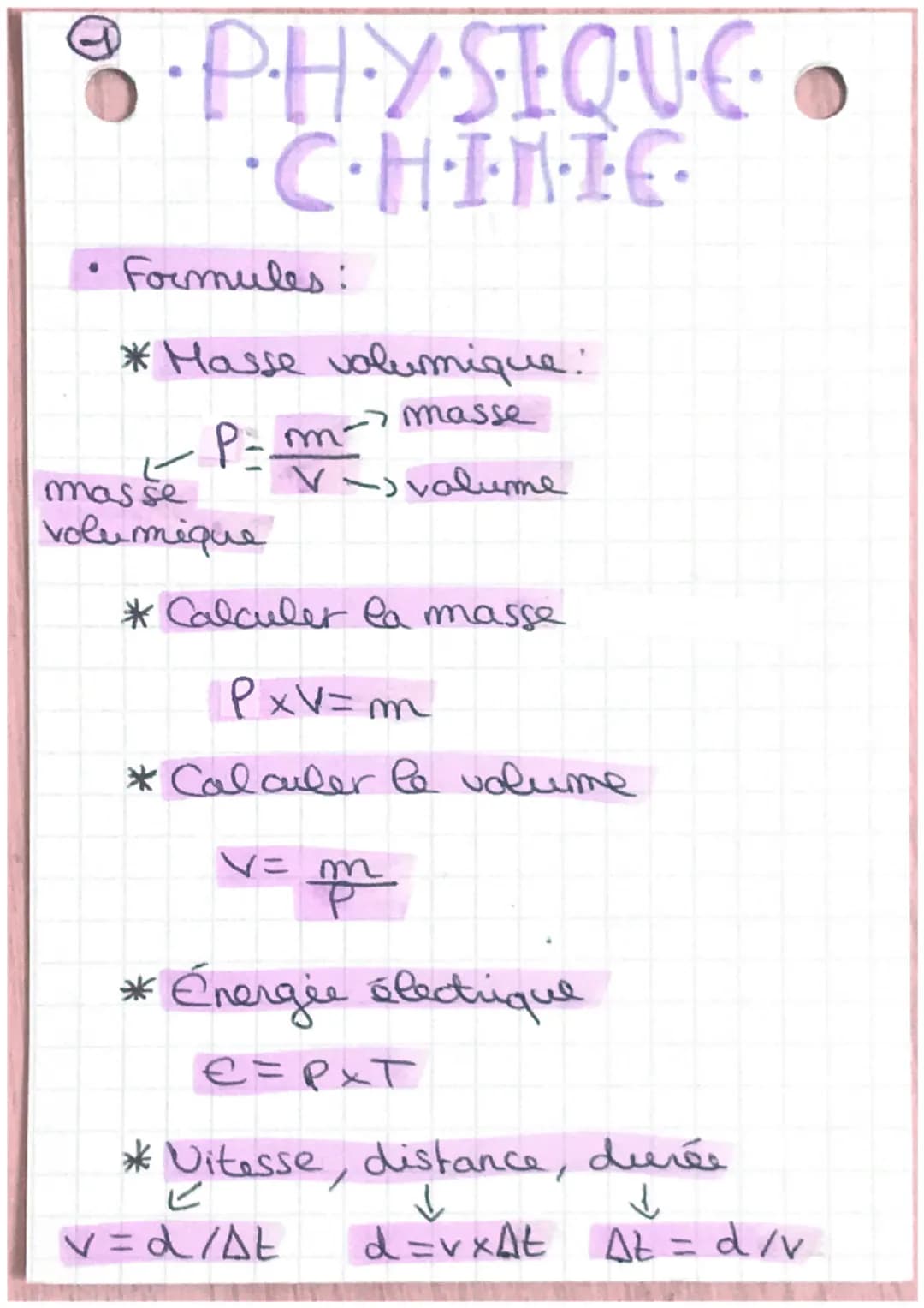 ·P·H⋅YSIQ·U·C·
•C⋅H⋅·I·N·I·C·
Formules:
* Masse volumique:
masse
P- m-
masse
volumique
V-volume
*Calculer la masse
PxV=m
*Calculer le volume