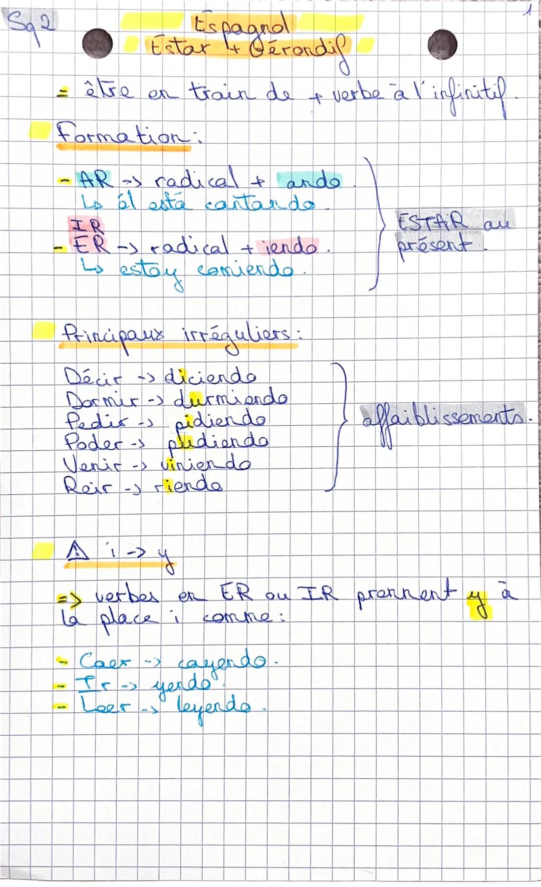 Sq2

Espagnol
Estar + Gérandif

= être en train de + verbe à l'infinitif

Formation:

- AR radical + ande
La al este cantardo
IR
-ER-> radic
