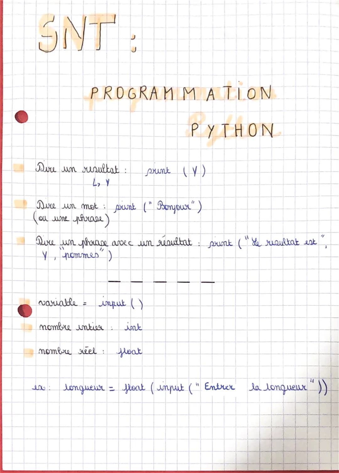 SNTE
Dire un resultat :
PROGRAMMATION
variable
لدا
=
Dire un mot: print (" Bonjour")
(ou une phrase)
Dire un phrase avec un résultat: print 