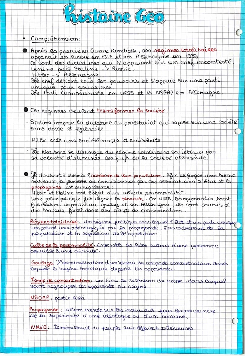 URSS
• Um totalitanisme de la classe.
ume souète sans classe, égalitaire.
C
(
Bistaire Goo
Les régimes totalitaires dans les années 1930
DES