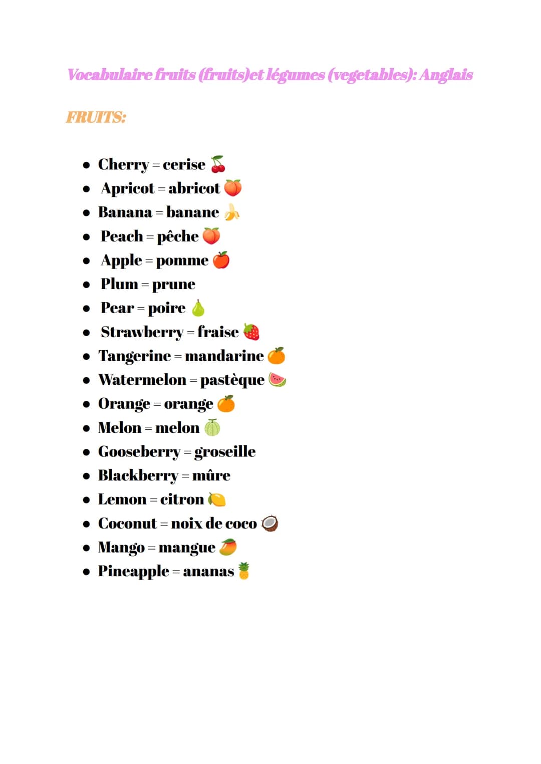 
<p>Here is a list of fruits in English:</p>
<ul>
<li>Cherry = cerise</li>
<li>Apricot = abricot</li>
<li>Banana = banane</li>
<li>Peach = p