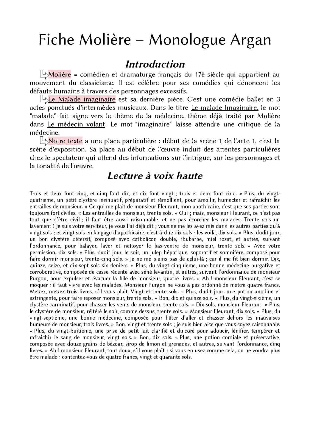 Analyse linéaire Le Malade imaginaire - Monologue Argan, Acte 1 Scène 5, PDF