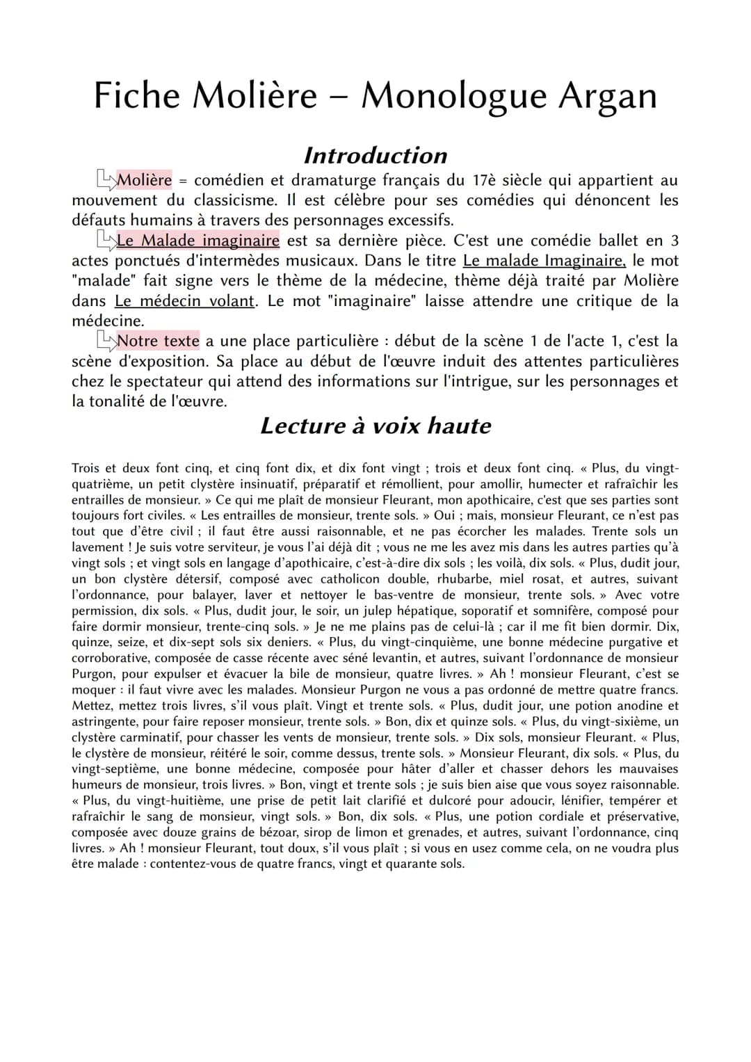 Monologue Argan
Introduction
Molière = comédien et dramaturge français du 17è siècle qui appartient au
mouvement du classicisme. Il est célè