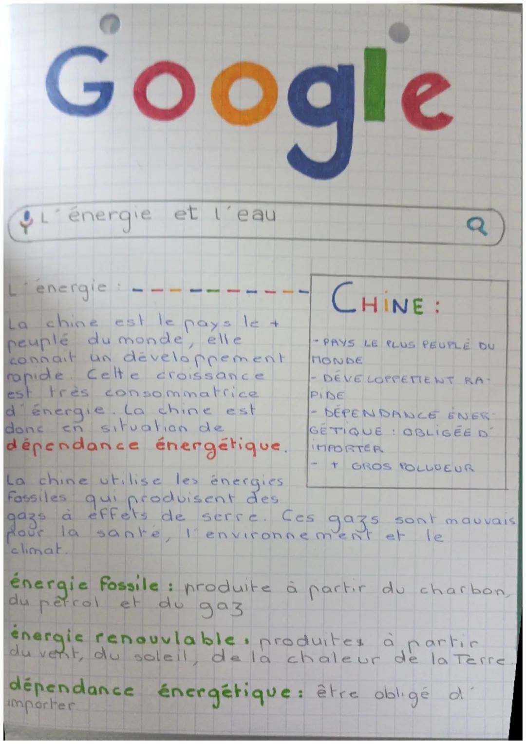 Google
L'énergie et l'eau
Lenergie
La chine est le
le +
pays.
peuplé du monde, elle
connait un développement
rapide. Cette croissance
est tr