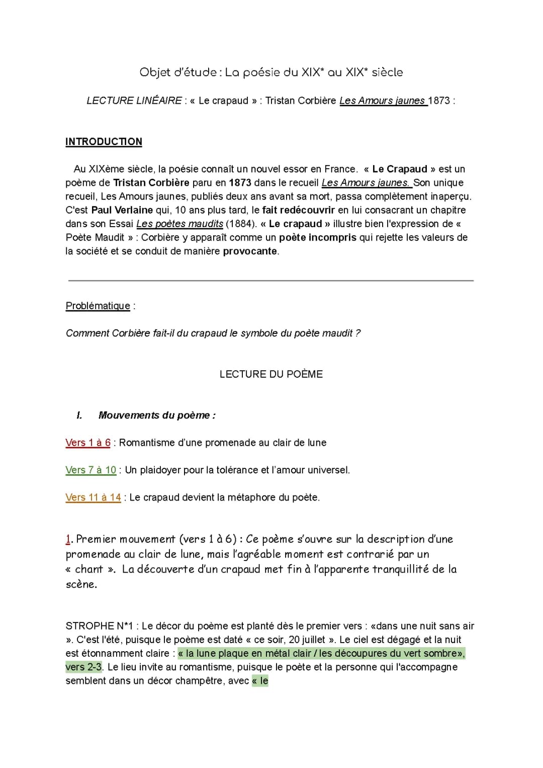 Le Crapaud de Tristan Corbière : Analyse et Explication Linéaire PDF