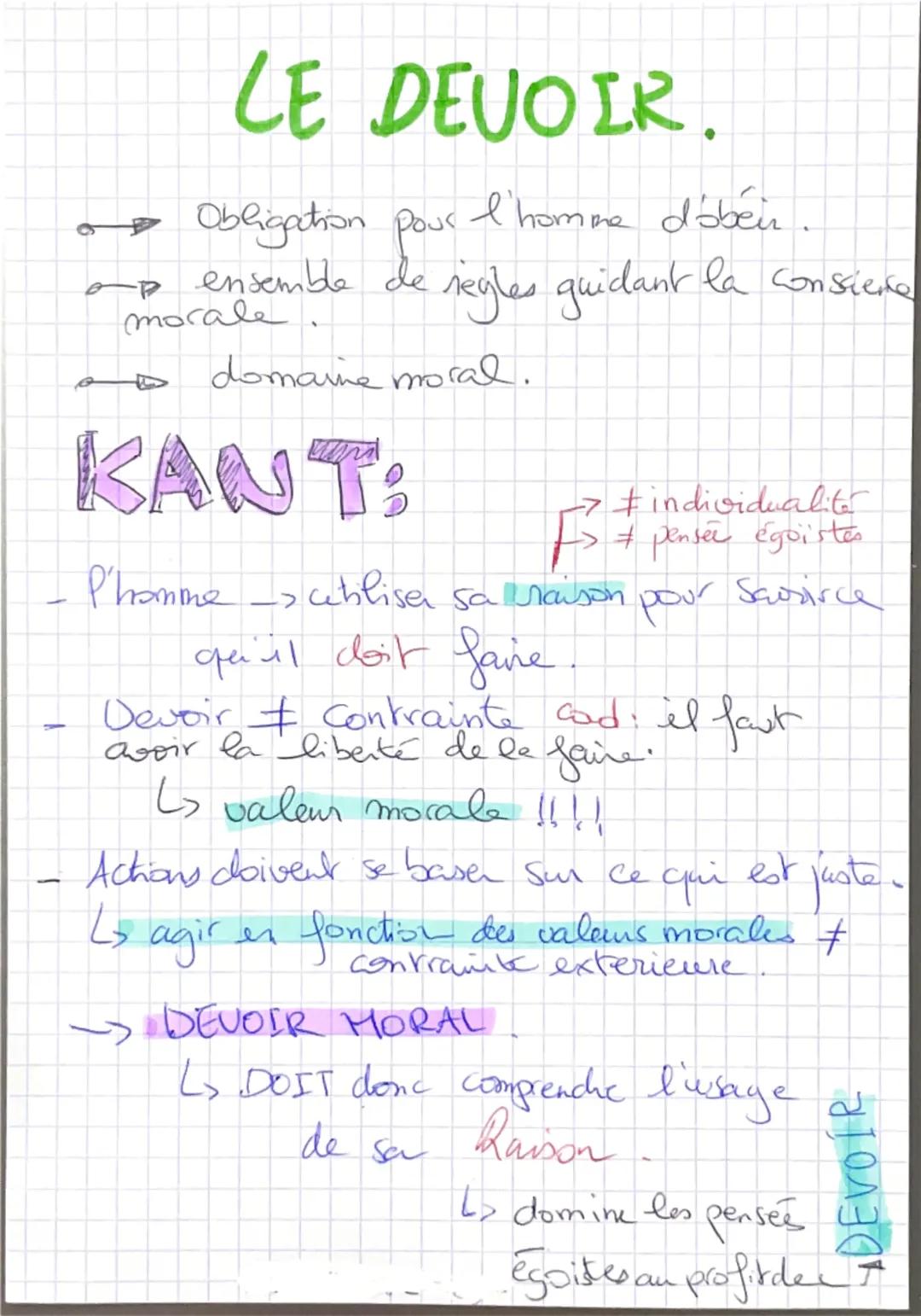 # LE DEVOIR.

-> Obligation pour l'homme d'obéin.

-> ensemble de regles quidant la consiere
morale.

-> domaine moral.

KANT:

$F\rightarro
