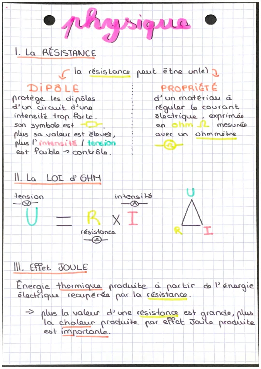 physique
1. La RESISTANCE
la résistance peut être unle)
2
PROPRIÉTÉ
d'un matériau à
réguler le courant
électrique, exprimée
en ohm 2 mesurée