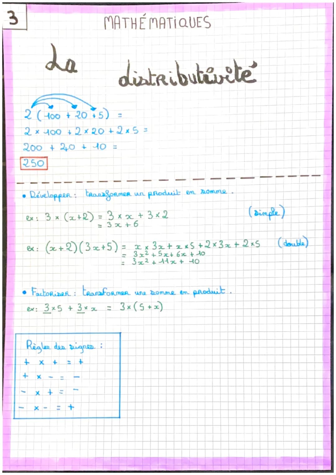 3
200 + 20 + 40 =
[250
●
La
2 (+૦ + ૨૦ *5) -
2 × 400 + 2×20+2× 5 =
1
Developper: transformer un produit en somme.
ex: 3 x (x + 2) = 3 × x + 