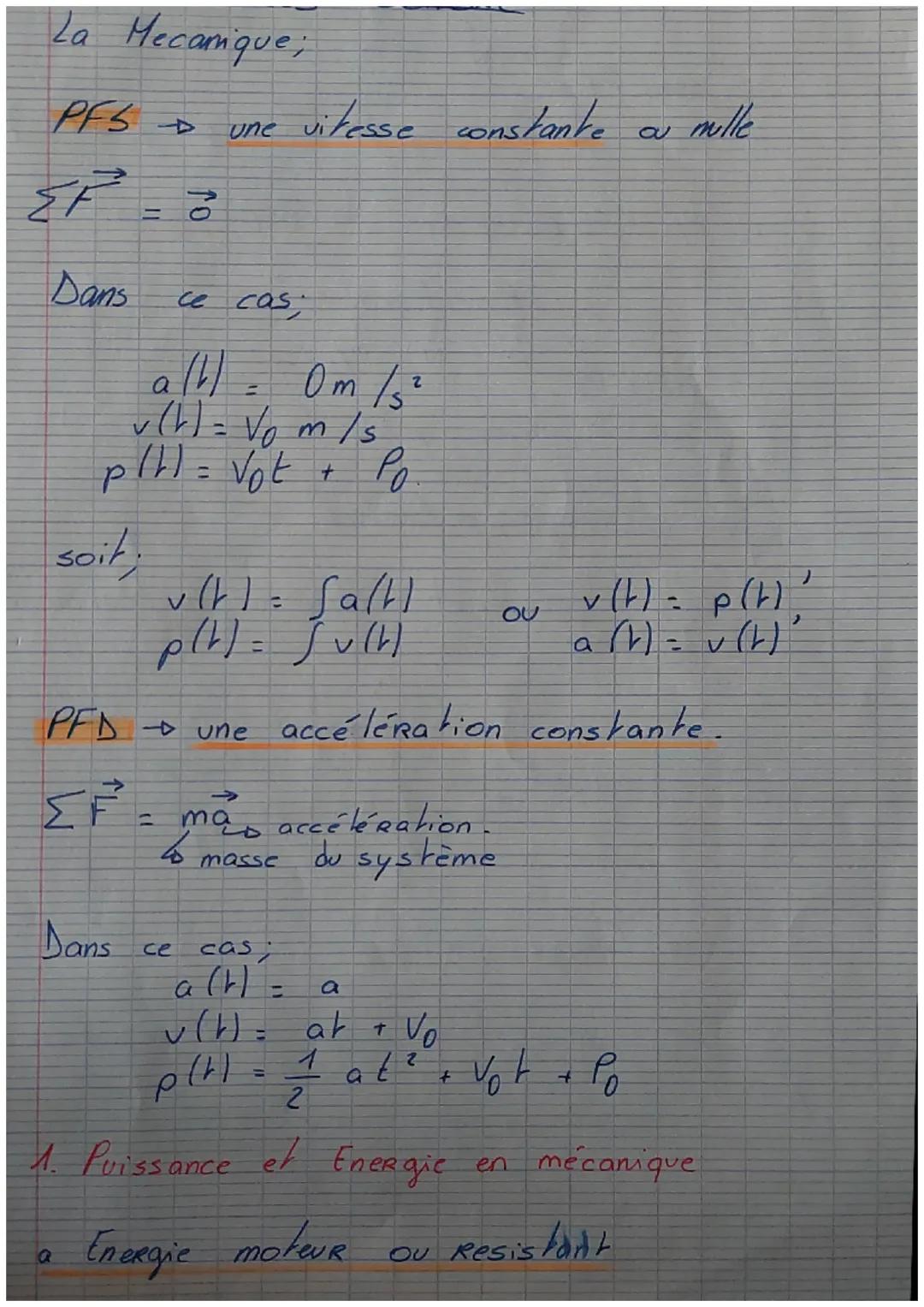 La Mecanique;

$PFS \rightarrow$ une vitesse constante ou mulle

$\sum \vec{F} = \vec{0}$

Dans ce cas;

$a(t) = 0 m/s^2$
$v(t) = V_0 m/s$
$
