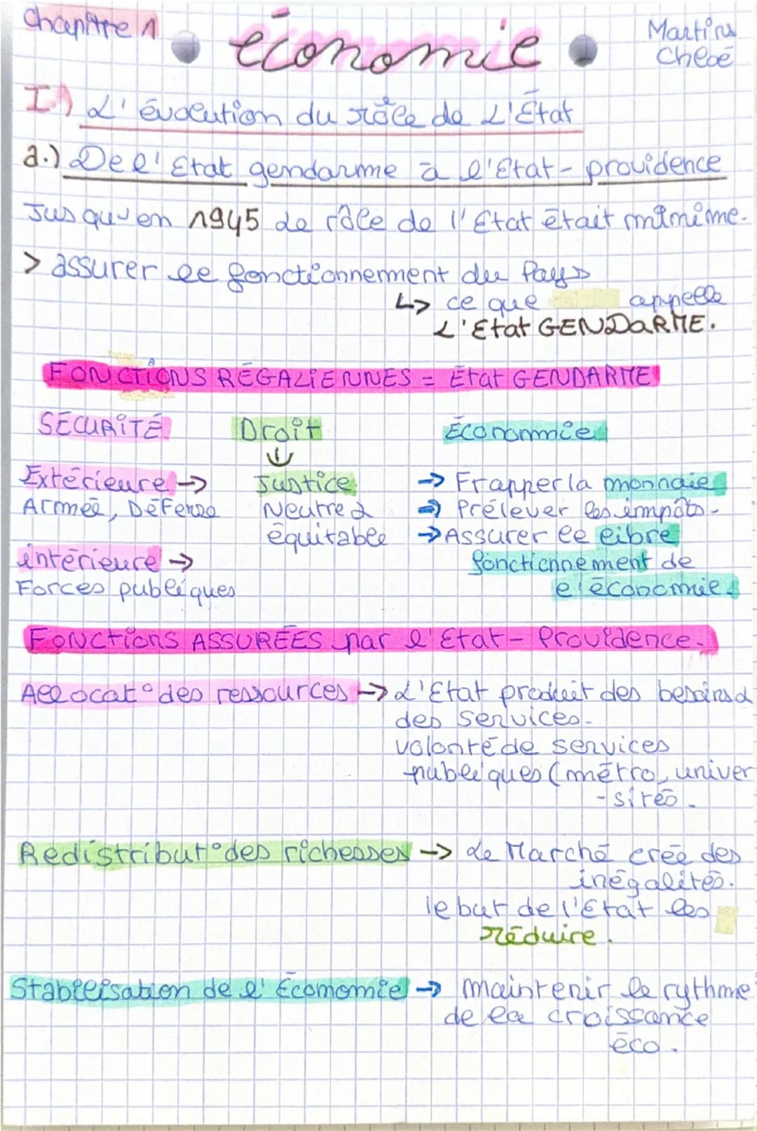 Chapitre 1
Economie
Martin
Chloe
I) L'évolution du rôle de L'État
a) De l'État gendarme à l'État-providence
Jusqu'en 1945 le rôle de l'État 
