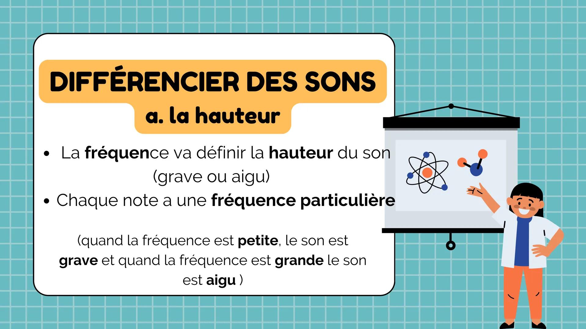 LES SONS
SUITE
physique chimie
@jaguar.00887 DIFFÉRENCIER DES SONS
a. la hauteur
• La fréquence va définir la hauteur du son
(grave ou aigu)