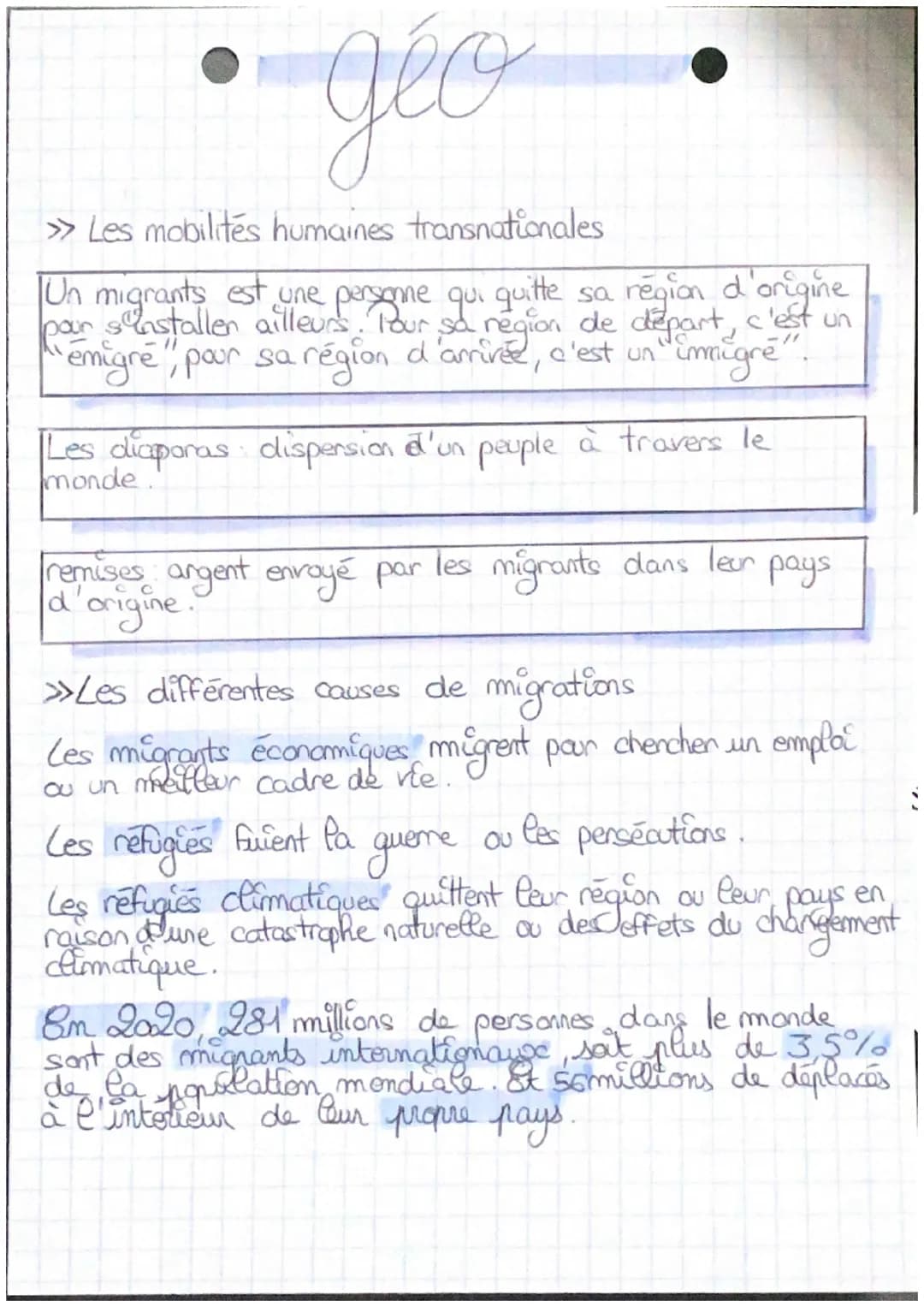 géo
»Les mobilités humaines transnationales
Un migrants est une personne qui quitte sa région d'origine
pour sinstaller ailleurs. Pour sa re