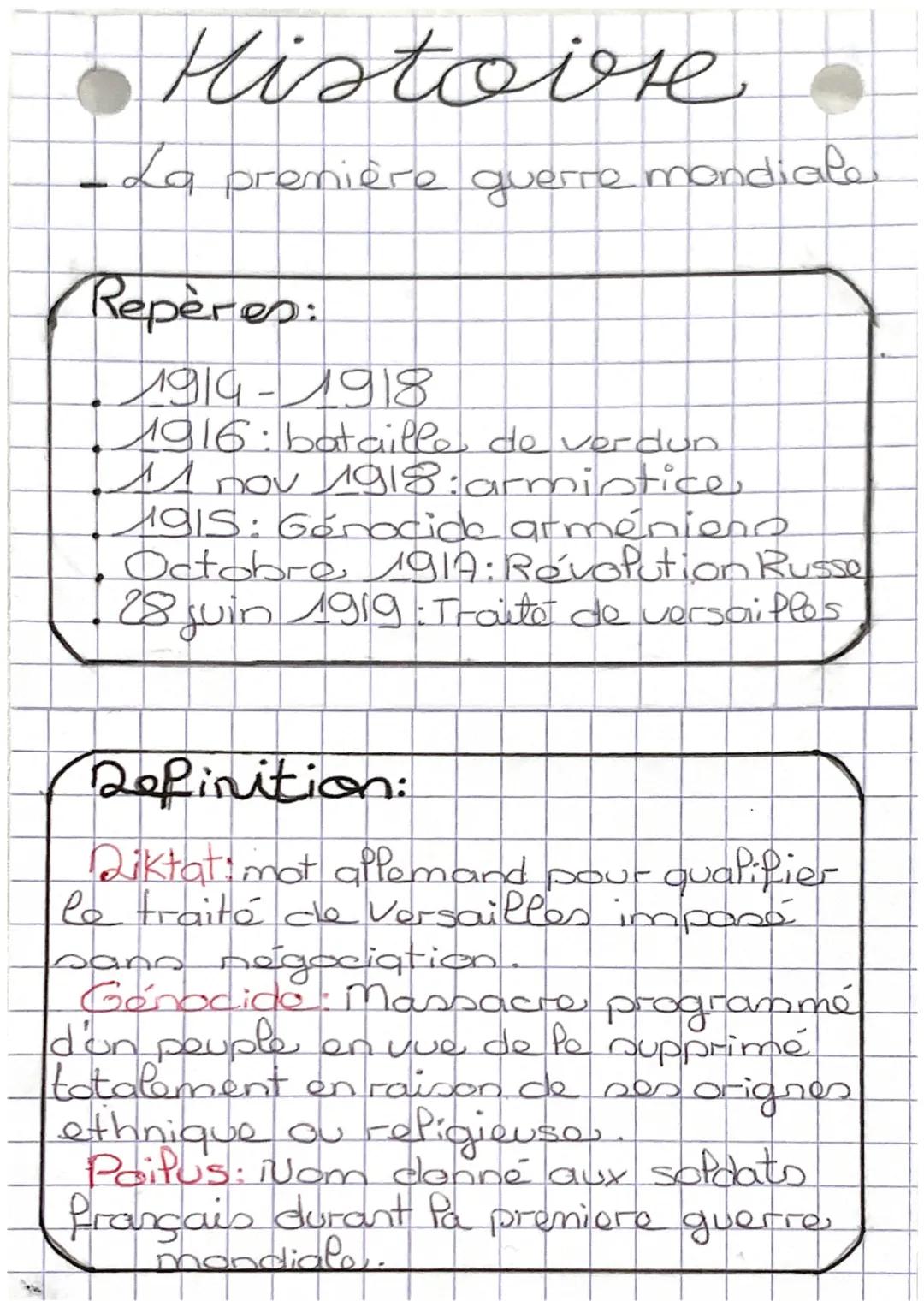 Histoire
La première guerre mondiale
Repères:
1914-1918
1916: bataille de verdun
nov 1918: armistice
1915: Genocide arménieno
Octobre 1917: 