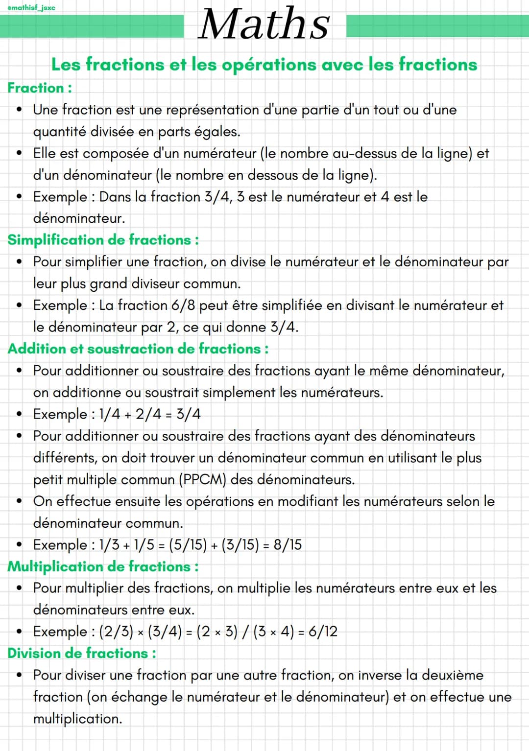 amathisf_jsxc
Fraction:
• Une fraction est une représentation d'une partie d'un tout ou d'une
quantité divisée en parts égales.
• Elle est c
