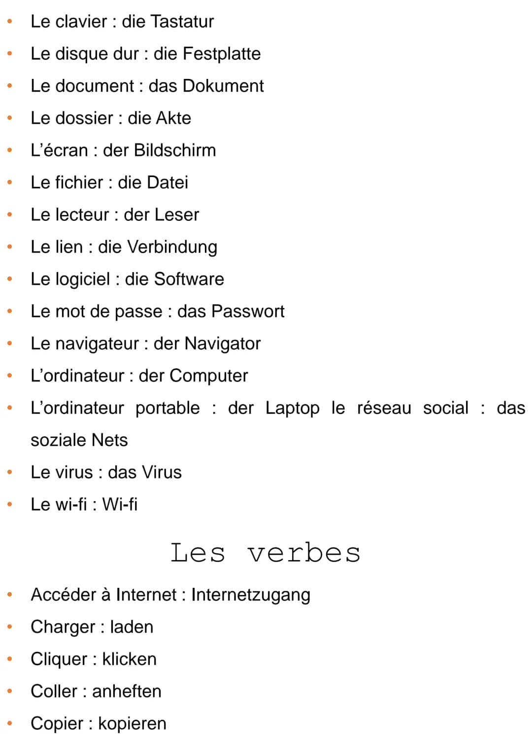 <h3 id="basiccomputervocabulary">Basic Computer Vocabulary</h3>
<p>Here is a list of basic computer vocabulary in French and German:</p>
<ul