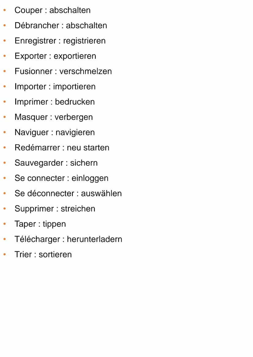<h3 id="basiccomputervocabulary">Basic Computer Vocabulary</h3>
<p>Here is a list of basic computer vocabulary in French and German:</p>
<ul