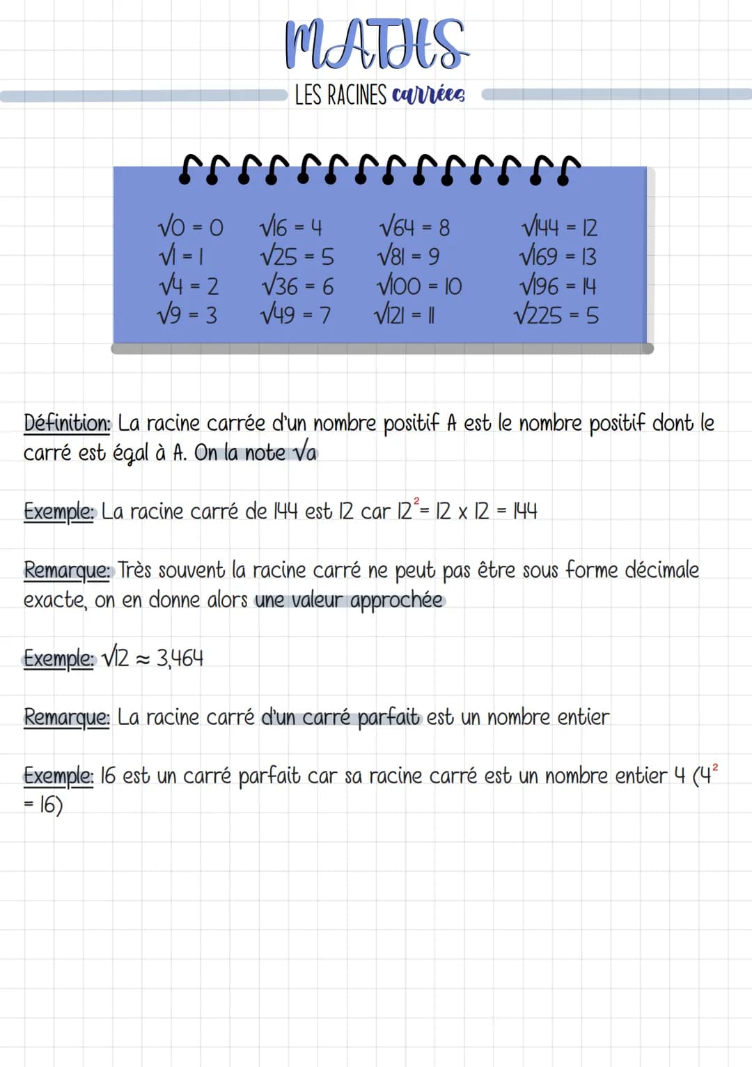 MATHS
LES RACINES carrées
rrrrr
√O = 0
√1-1
√4=2
√9 = 3
√16 = 4
√25-5
√36 = 6
√49 = 7
√64-8
√81 = 9
✓100 - 10
√121 = 11
for
√144 = 12
√169 =