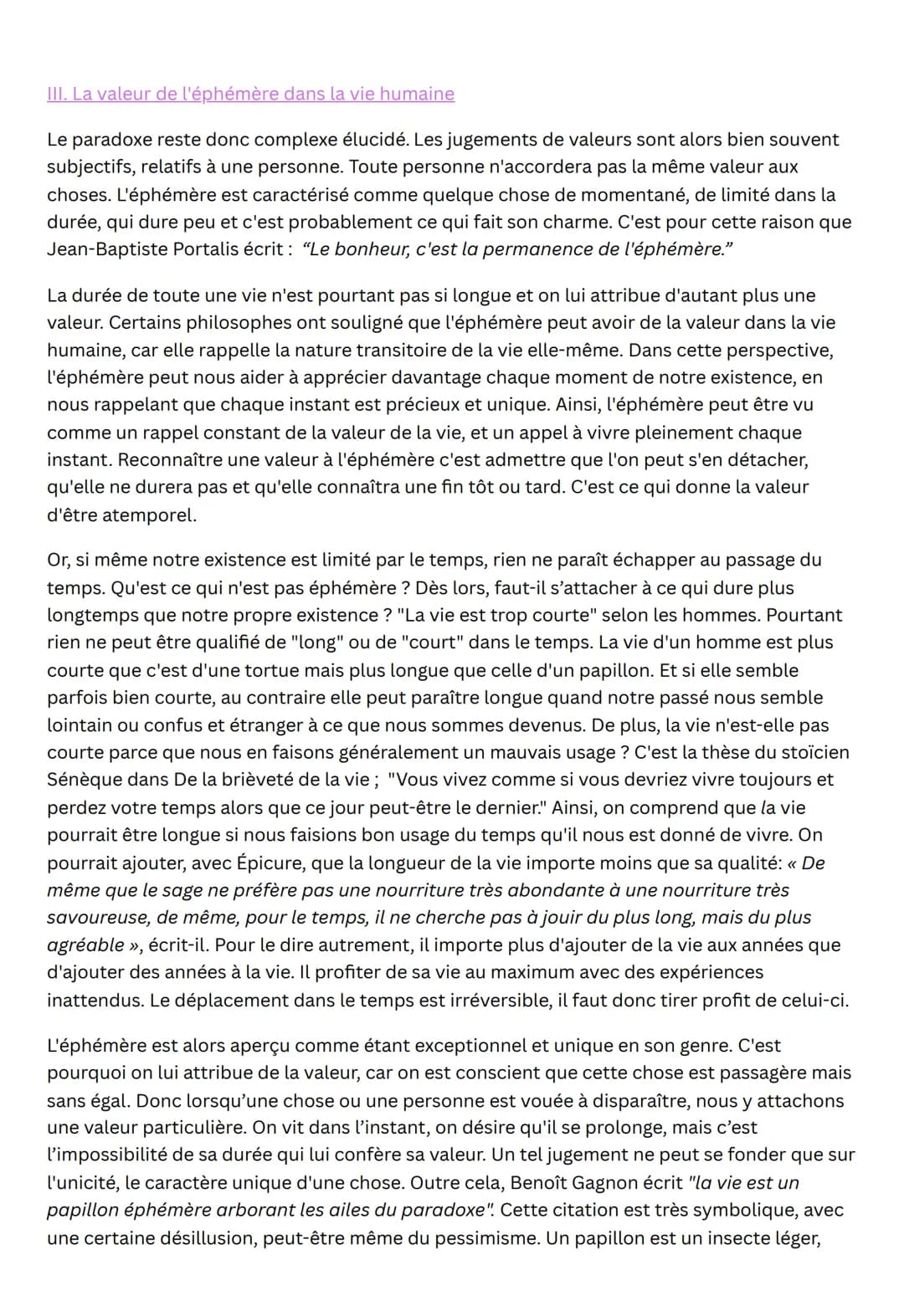 PHILOSOPHIE
La question de la valeur de l'éphémère est un sujet de réflexion philosophique intéressant qui
a suscité de nombreux débats au f