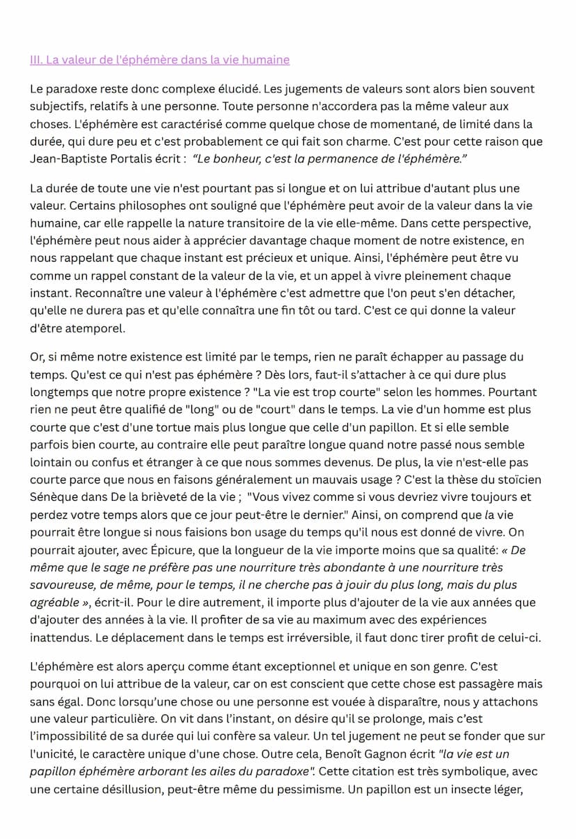 PHILOSOPHIE
La question de la valeur de l'éphémère est un sujet de réflexion philosophique intéressant qui
a suscité de nombreux débats au f