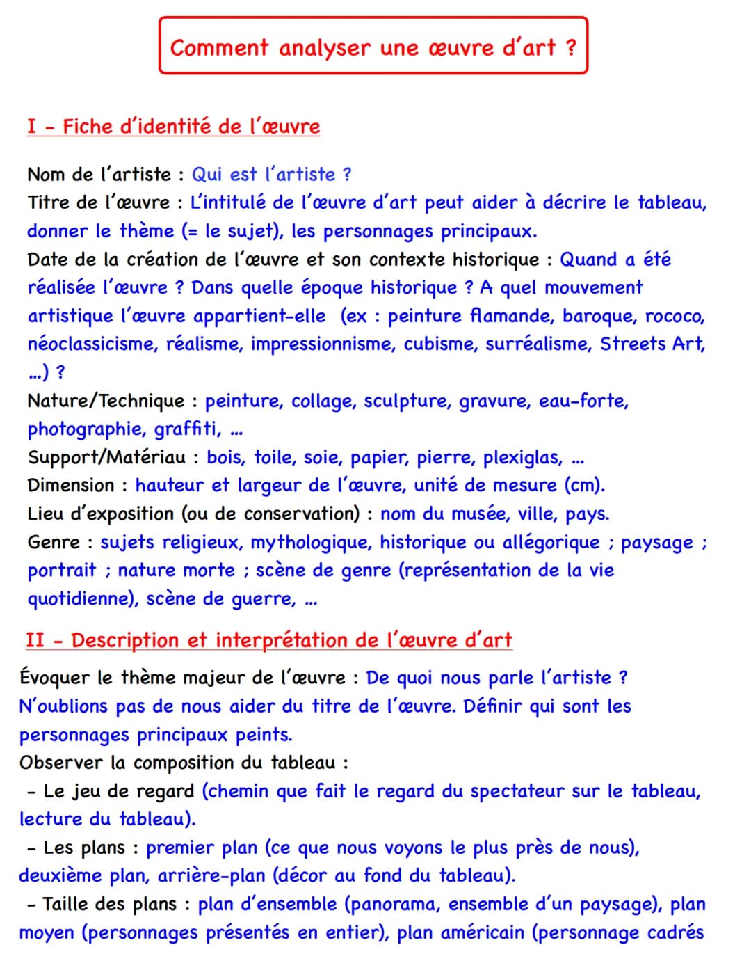 Comment analyser une œuvre d'art ?
I - Fiche d'identité de l'œuvre
Nom de l'artiste : Qui est l'artiste ?
Titre de l'œuvre : L'intitulé de l