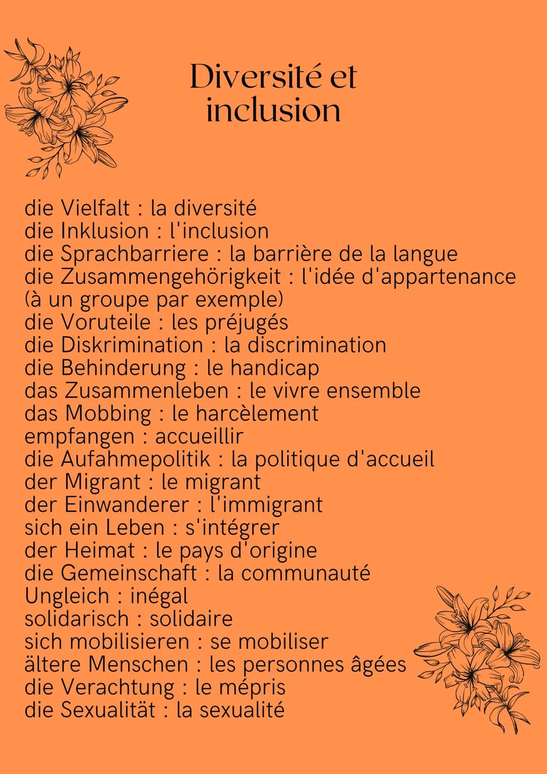 Diversité et
inclusion
die Vielfalt la diversité
die Inklusion : l'inclusion
die Sprachbarriere : la barrière de la langue
die Zusammengehör