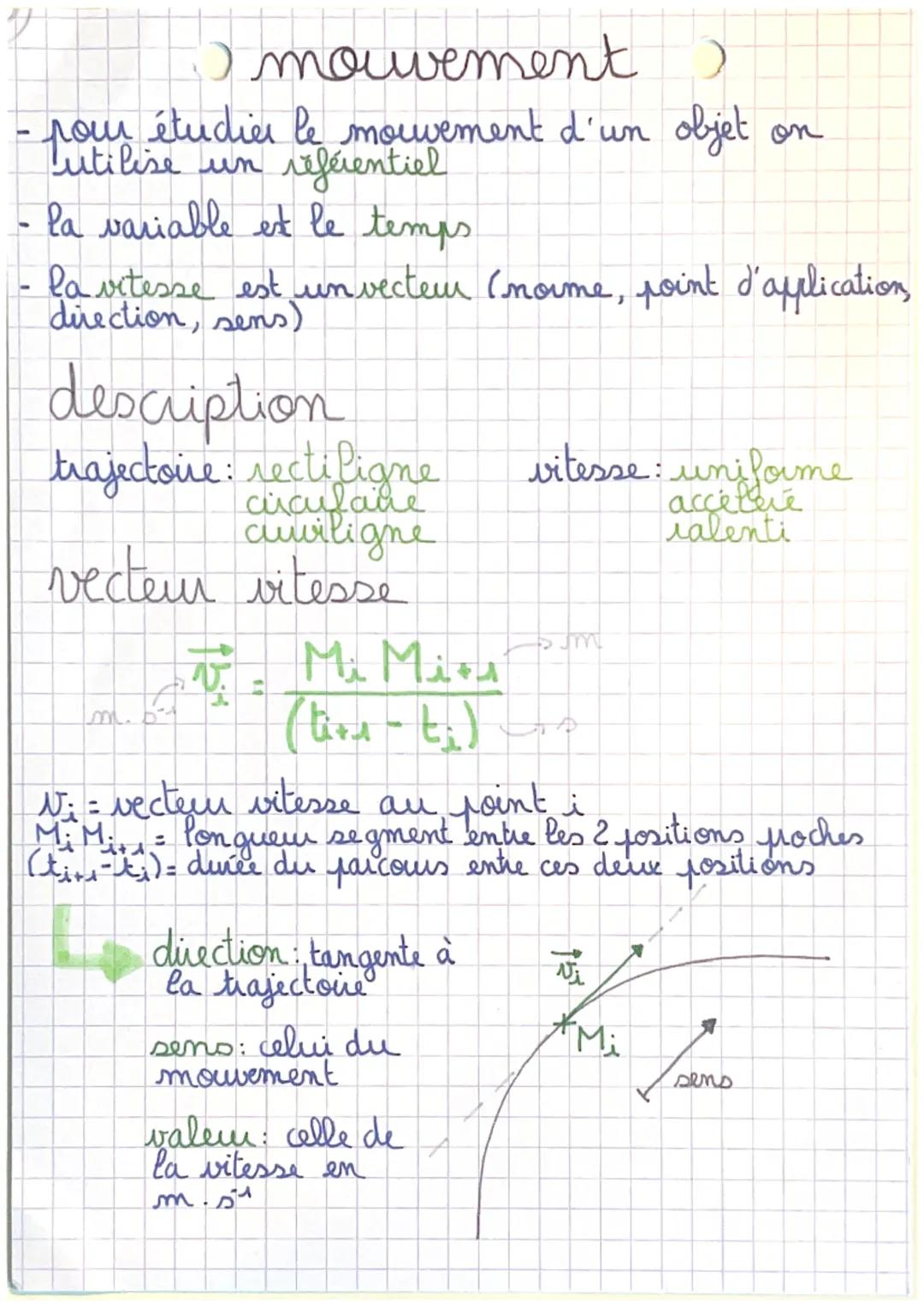 # Omouvement)

- pour étudier le mouvement d'un objet on
Lutilise un referentiel
- la variable et le temps
- la vitesse est un vecteur (norm
