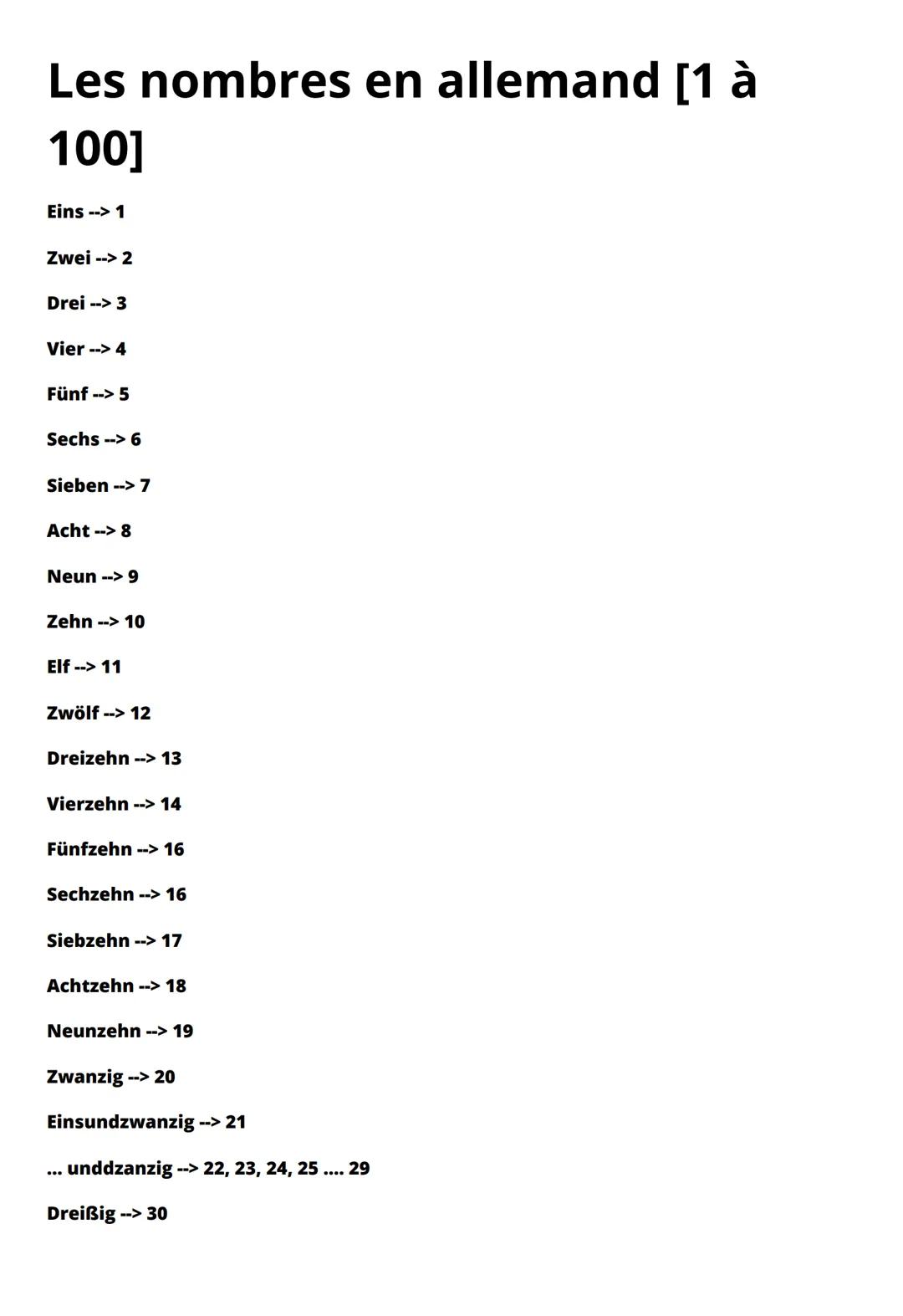 Les nombres en allemand [1 à
100]

Eins --> 1

Zwei --> 2

Drei --> 3

Vier --> 4

Fünf --> 5

Sechs --> 6

Sieben --> 7

Acht --> 8

Neun -