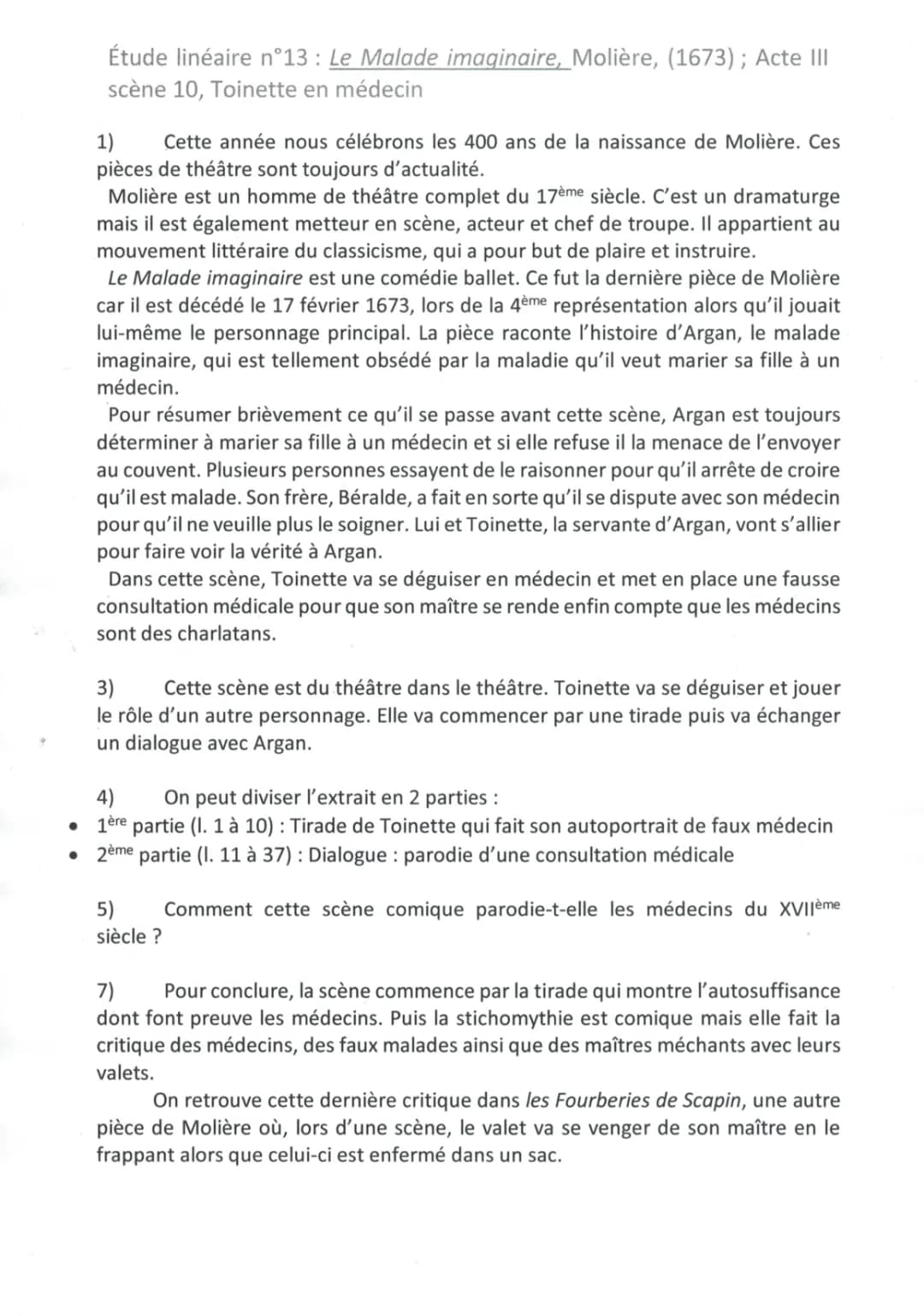 Le Malade Imaginaire : Acte 3 Scène 10 PDF - Analyse Linéaire et Résumé