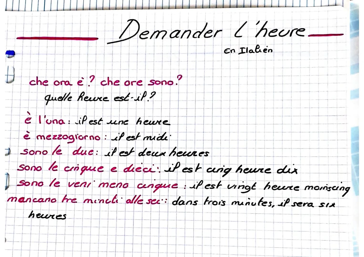 Đ
Demander L'heure _
En Ilalien
che ora e? che ore sono??
quelle heure est-il ?
è l'una: iP est une heure
e
è
mezzogiorno: it est midi.
I so