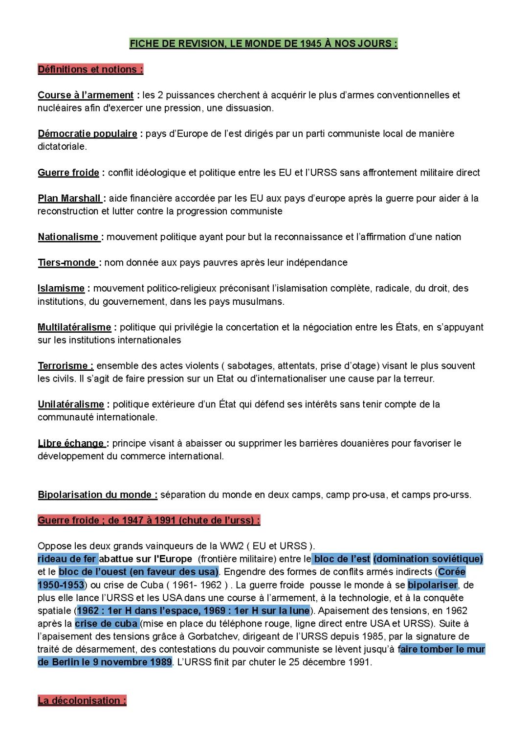 Le monde de 1945 à nos jours: Fiche de révision 3ème PDF, Résumé de la Guerre Froide et Décolonisation