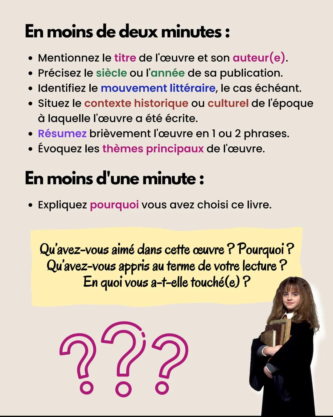 RÉUSSIR
l'oral du bac
DE FRANÇAIS Faites des fiches récapitulatives :
●
●
●
L'EXPOSÉ
Présentez brièvement l'auteur(e),
le contexte, l'œuvre 