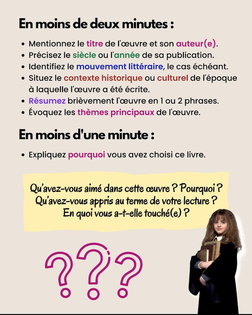 RÉUSSIR
l'oral du bac
DE FRANÇAIS Faites des fiches récapitulatives :
●
●
●
L'EXPOSÉ
Présentez brièvement l'auteur(e),
le contexte, l'œuvre 