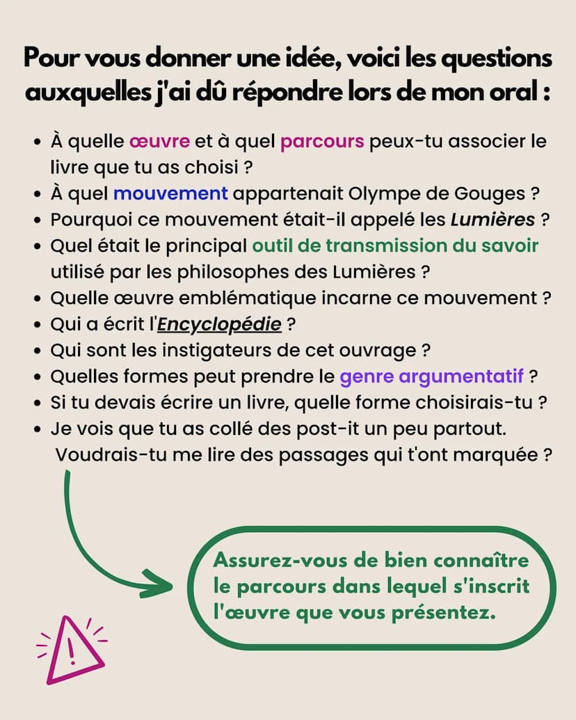 RÉUSSIR
l'oral du bac
DE FRANÇAIS Faites des fiches récapitulatives :
●
●
●
L'EXPOSÉ
Présentez brièvement l'auteur(e),
le contexte, l'œuvre 